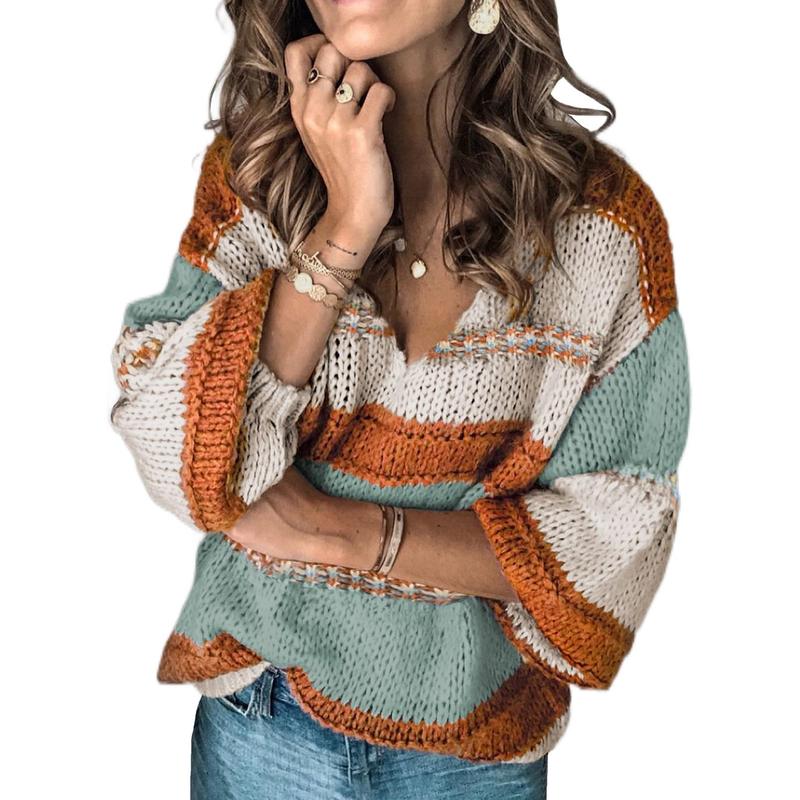 Women Sweater Tops Autumn Winter V-Neck Oversized Colorblock Knitted Pullover Blouses Jumper Tops XL 16-18 fall sweater letter print drop shoulder sweatshirt Long Sleeve Casual Fashion Knitwear Womenswear Chunky Comfortable Cute Long Sleeve Casual