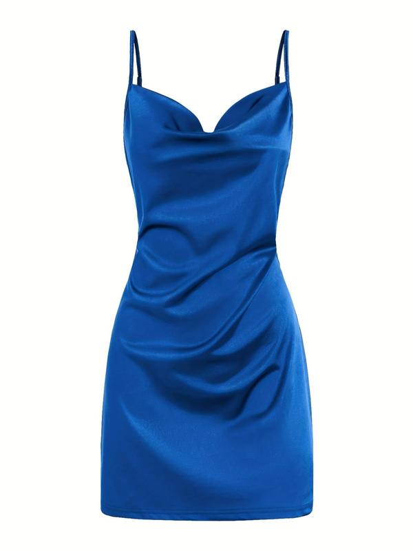 Women's Cowl Neck Satin Cami Dress, Elegant Adjustable Strap Tie Back Short Dress, Summer Outfits, Ladies Summer Clothes Christmas