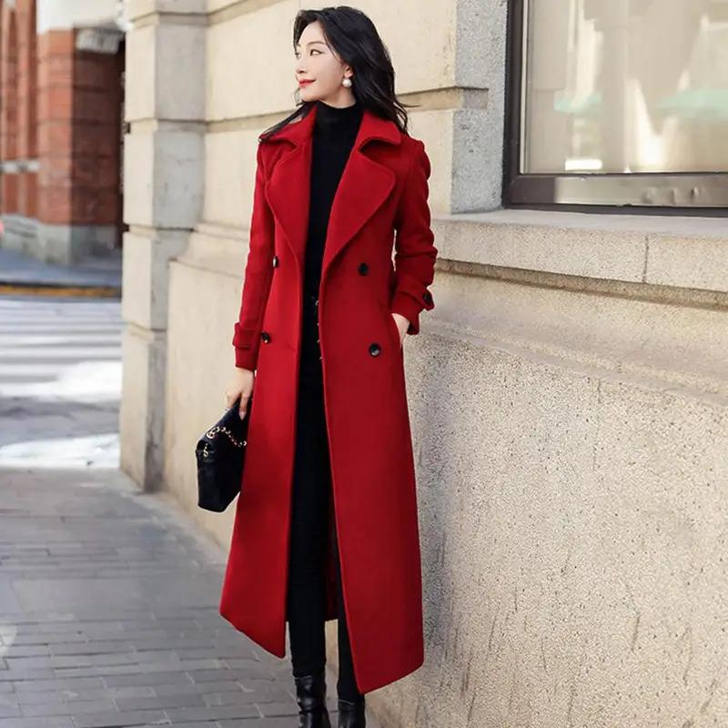 Winter Overcoat Elegant Double-breasted Waist Belt Long Woolen Jacket Fashion Thermal Thick Women Trench Coat Winter Wool Coat