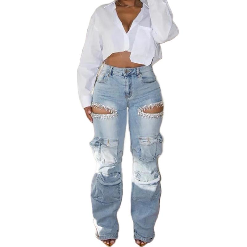 Women's Hollow Rhinestone Cargos Jeans - Perfect for Any Occasion - Bottom, Womenswear