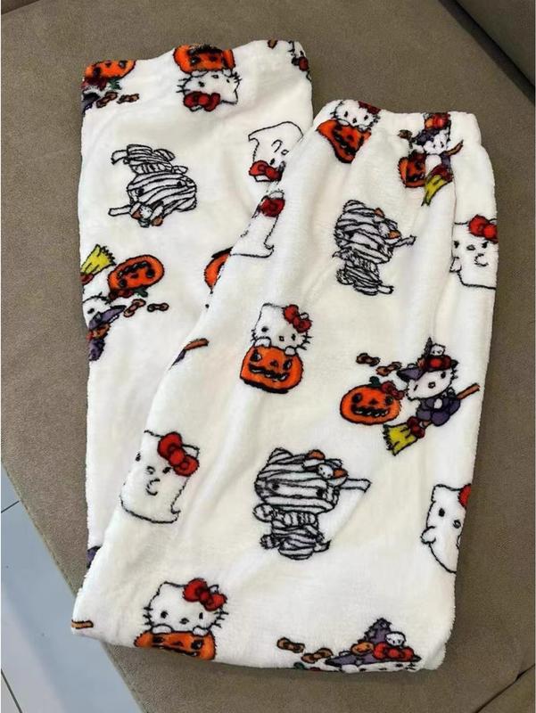 Genuine Sanrio Flannel Pajamas Cute Sanrio Hello Kitty Lady Casual Homewear Pants Warm White Plush Cartoon Animation Autumn Fashion Gift