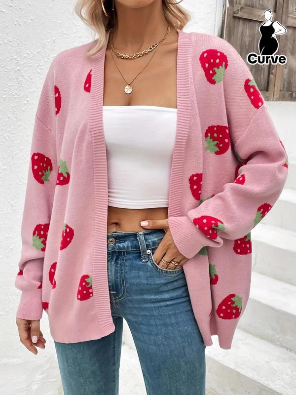  Strawberry Print Drop Shoulder Cardigan, Casual Long Sleeve Open Front Cardigan for Fall & Winter, Cardigans for Women, Women's Clothing for Daily Wear