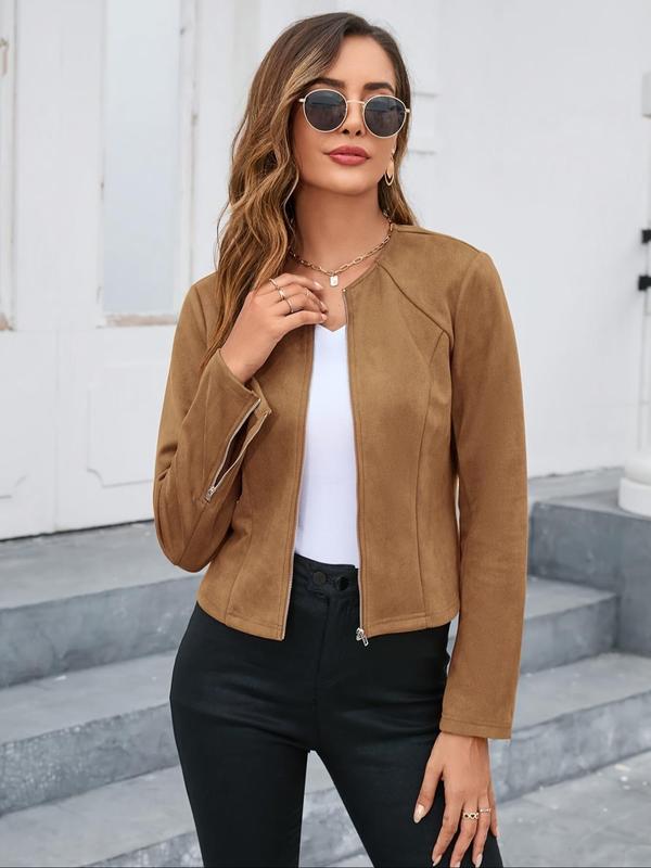 Women's Solid Zip Up Split Hem Crop Jacket, Casual Long Sleeve Round Neck Outerwear for Spring & Fall, Ladies Clothes for Daily Wear