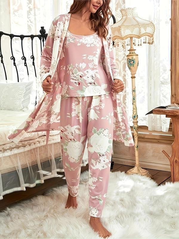 Three-Piece Set Women's Floral Print Belted Lounge Robe & Cami Top & Elastic Waist Pants Pyjama Set, Casual Comfy Lounge Set for Women, Women's Sleepwear for All Seasons