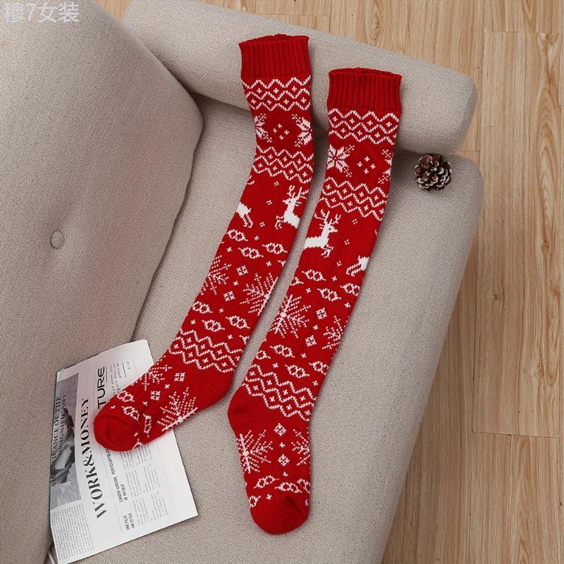 Cozy Christmas Reindeer Over-the-Knee Socks for Women - Elegant Acrylic Knit, Embroidered Detail, Warm & Stylish Winter Stockings Fabric Womenswear