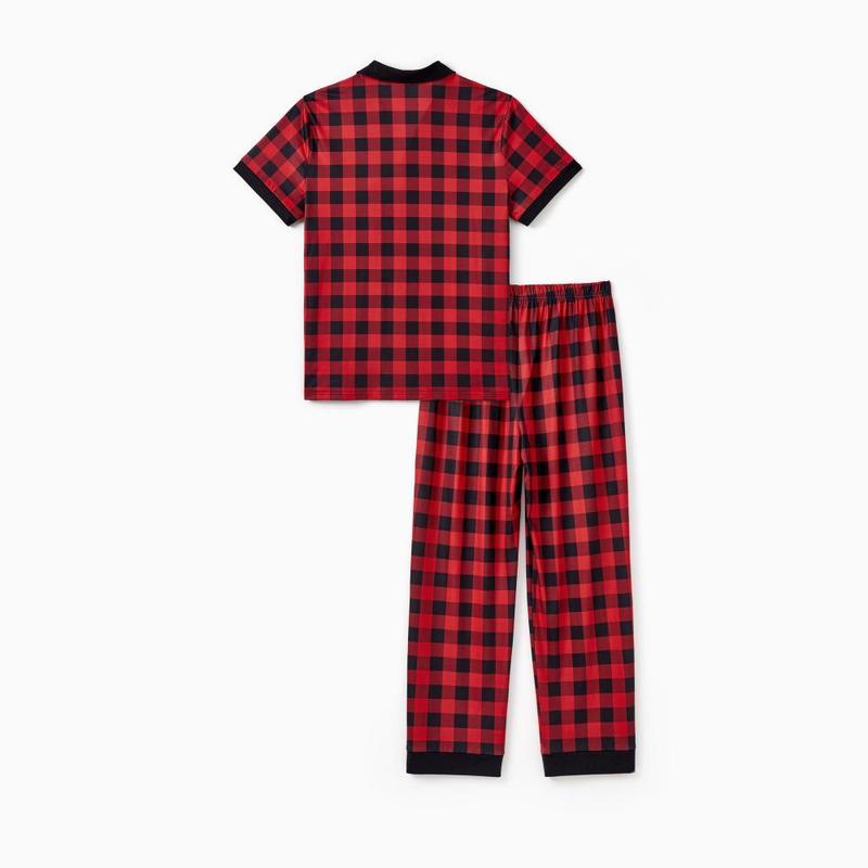 PatPat Christmas Pajamas Short Sleeves Red & Black Plaid Collared Pajamas Sets