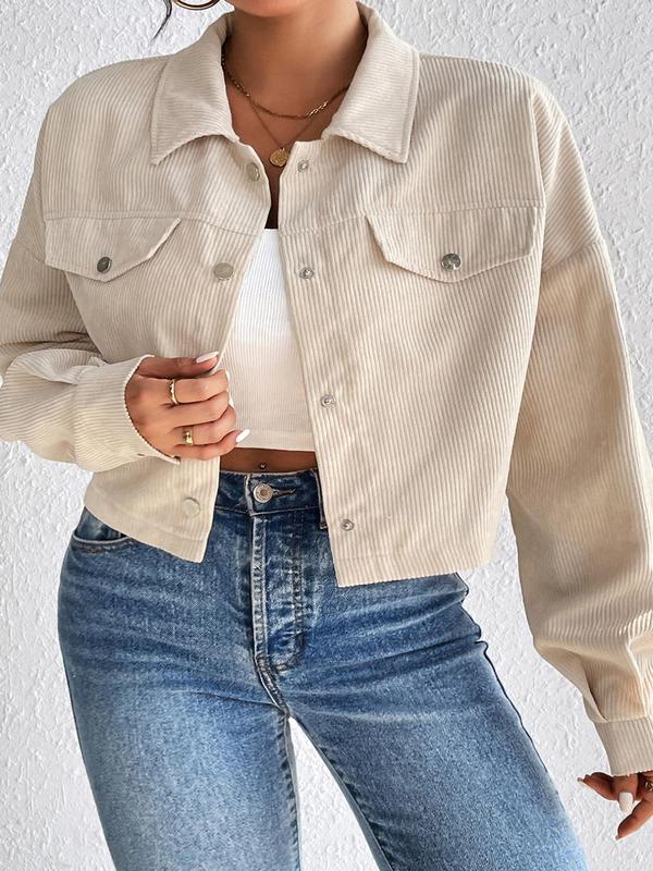 Plus Size Solid Color Button Front Fake Pocket Drop Shoulder Jacket, Casual Long Sleeve Collared Outerwear for Spring & Fall, Women's Clothes for Daily Wear