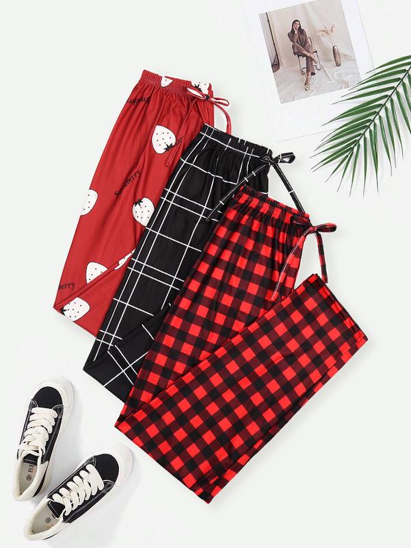 Christmas Gift Red 3 PCS Set Per Pack Girl Women's Soft Drawstring Elastic Waist Loose Cute Cartoon Floral Plaid Knit Causal Long Sleeping Pajamas Trousers PJ Pants Bottom For Fall Comfort Loungewear Nightwear Lady Homewear Casual Pajama Set pants  pyjama