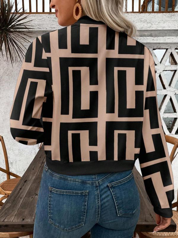 Women's All Over Geometric Print Zip Up Jacket, Casual Long Sleeve Collared Outerwear for Spring & Fall, Ladies Clothes for Daily Wear