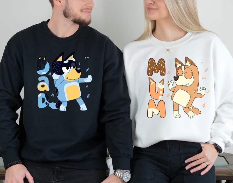 Retro Bluey Family Shirts, Family Matching Shirts, Bandit Heeler Shirt, Bluey Birthday Tee, Bandit Chili Bingo, Bluey Dad Bluey Mum Hoodie and Sweater; T-shirt Cotton Womenswear Clothing Elegant Light Overalls