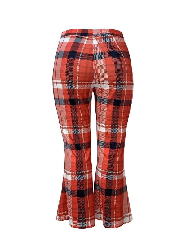 Plus Size Plaid Print Flare Leg Pants, Pants for Women, Going Out Bottoms, Elegant High Waist Trousers for Women, Women Plus Clothing for Spring & Fall, Downtown Girl Clothes