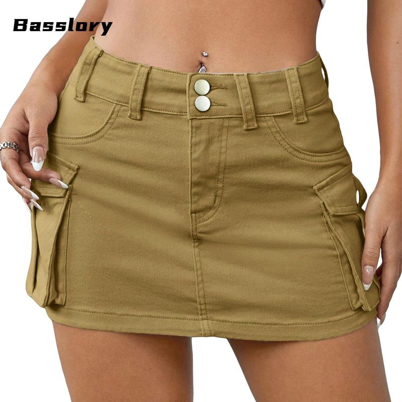 Women Mini Skirt Vintage Low Waist Cargo Skirt Summer Slim Fit Solid Color Skirt with Pockets for Club slim fit