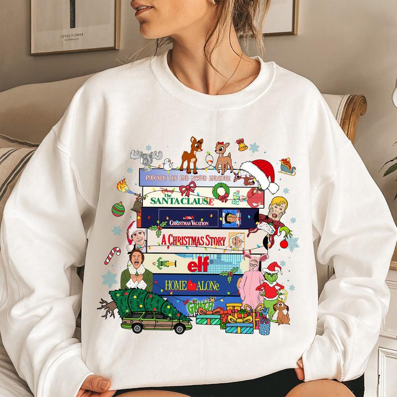 Christmas Movie Sweatshirt, Famous Christmas Movies Sweatshirt, Famous Movies Custom Sweatshirt, Home Alone, The Santa Clause Fabric Womenswear