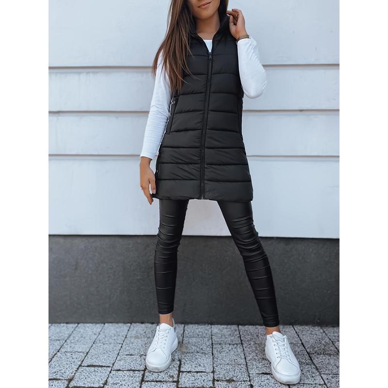 Women's Long Vest Solid Color Sleeveless Hooded Winter down Vest Jacket