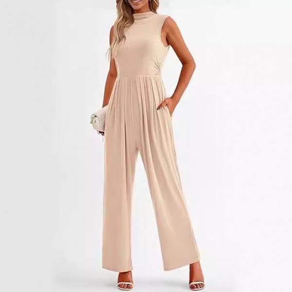 Women's Elegant Summer Jumpsuit Formal Casual One-Piece Sleeveless Ladies Wide Leg One-Piece Pant Belt Pockets