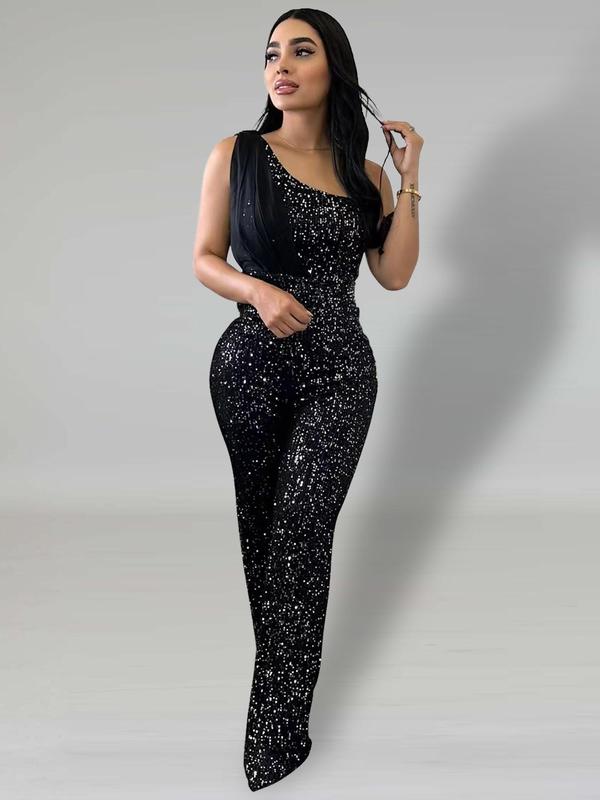 Women's Solid Glitter Sequins One Shoulder Jumpsuit, Elegant Asymmetrical Sleeveless Jumpsuit for Party Club Dating, Ladies Clothes for All Seasons