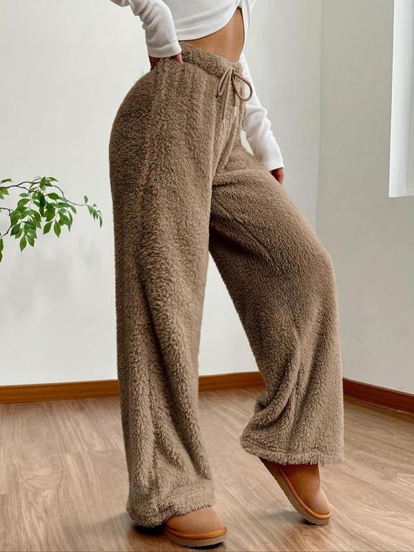 Women's Solid Color Drawstring Waist Wide Leg Pants, Casual Comfy Fuzzy Trousers for Fall & Winter, Women's Bottoms for Daily Wear