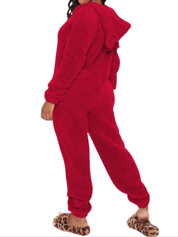 Women's Solid Zip Up Hooded Plush Jumpsuit, Casual Long Sleeve Fuzzy Jumpsuit for Fall & Winter, Women's Sleepwear for Indoor Wear, Fall Clothing