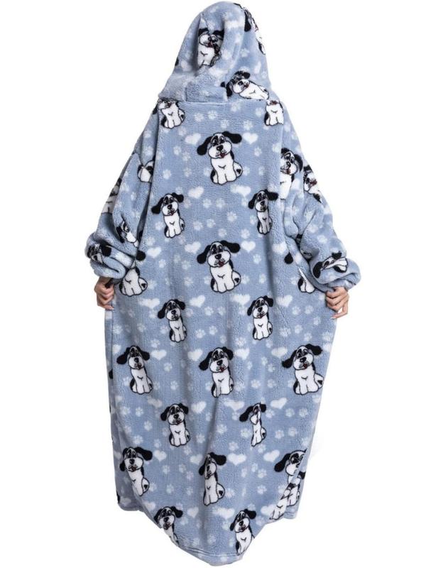 Couple's All Over Print Drop Shoulder Pocket Hooded Sleep Blanket for Nightwear, Halloween Casual Comfy Pocket Design Oversized Hooded Pajama Blanket, Couple Fall & Winter Sleepwear