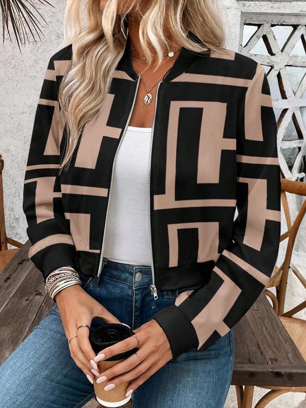 Women's All Over Geometric Print Zip Up Jacket, Casual Long Sleeve Collared Outerwear for Spring & Fall, Ladies Clothes for Daily Wear