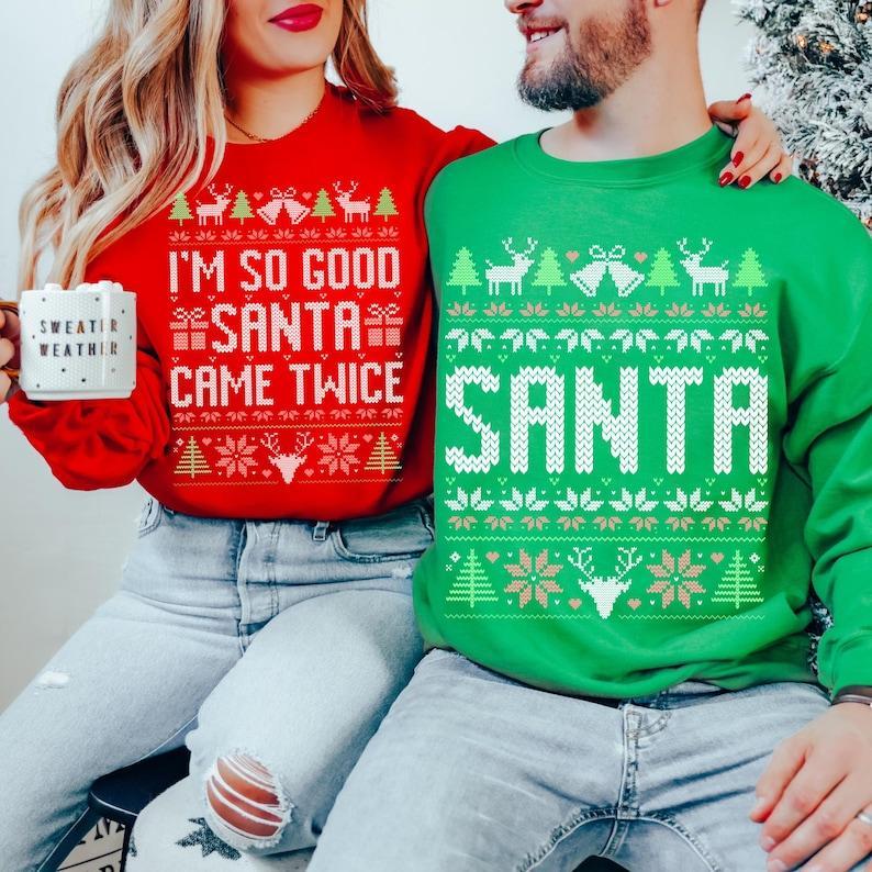 The Original Unisex Funny Couples Matching Ugly Christmas Sweater, Santa Twice, Christmas Pajamas, Sold Seperate