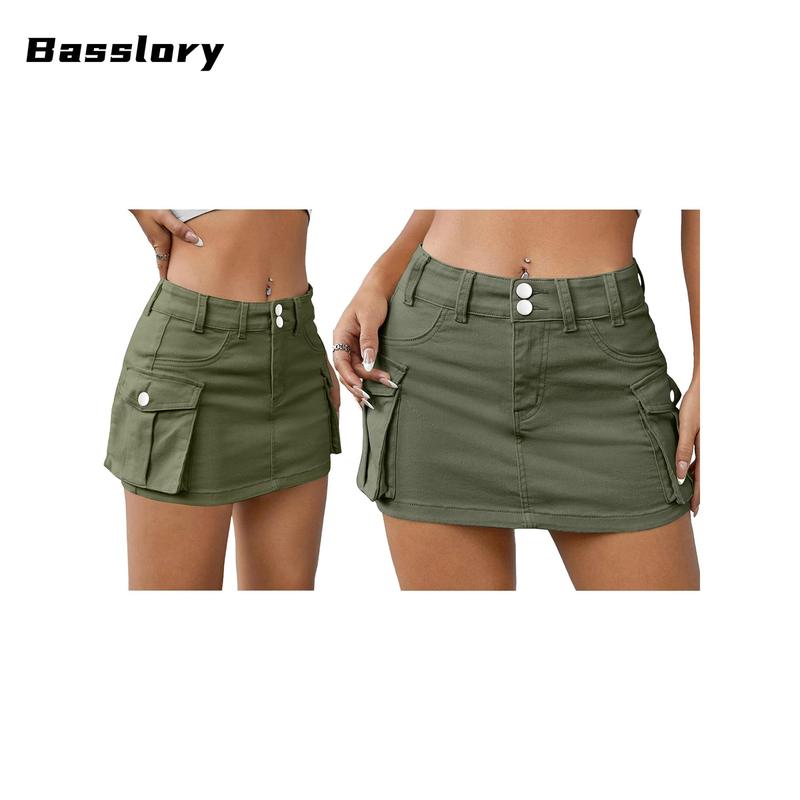 Women Mini Skirt Vintage Low Waist Cargo Skirt Summer Slim Fit Solid Color Skirt with Pockets for Club slim fit