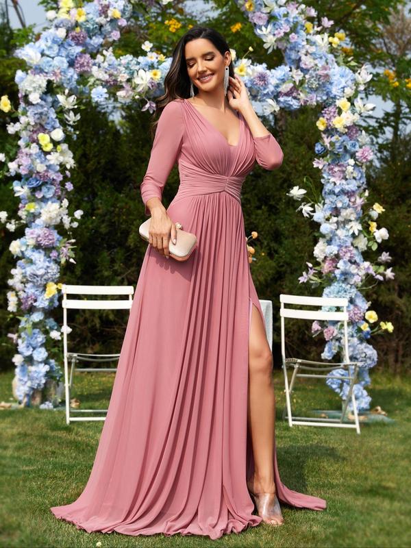 Women's Plain Ruched Split Thigh V Neck Vintage Party Dress, Elegant 3 4 Sleeve A Line Maxi Dress for Party Wedding Guest, Ladies Summer Clothes