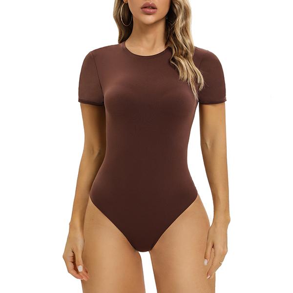 SHAPERX Short Sleeve Crew Neck Women Tops Bodysuit  Scoop Neck Thong Body Suits Basic Comfortable Womenswear No Compression