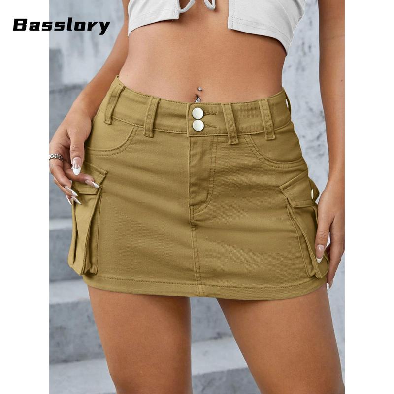 Women Mini Skirt Vintage Low Waist Cargo Skirt Summer Slim Fit Solid Color Skirt with Pockets for Club slim fit