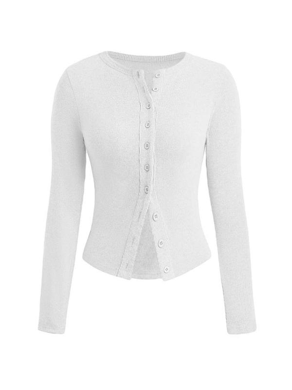 Women's Solid Button Front Ribbed Cardigan, Casual Long Sleeve Round Neck Knitwear for Fall & Winter, Fashion Ladies' Knit Clothing for Daily Wear