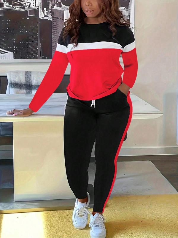 Women's Colorblock Striped Print Sweatshirt & Drawstring Waist Pants Two-Piece Set, Casual Long Sleeve Round Neck Top & Side Stripe Trousers 2 Piece Set for Summer, Women's Clothes for Daily Wear