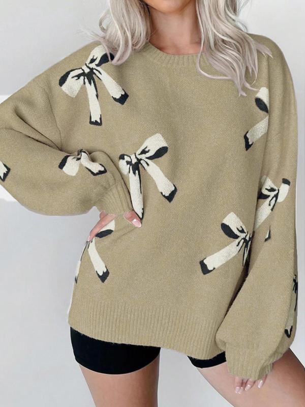 Women's Bow Print Drop Shoulder Sweater, Casual Long Sleeve Round Neck Jumper for Fall & Winter, Cute Sweaters, Fashion Ladies' Knitwear for Daily Wear