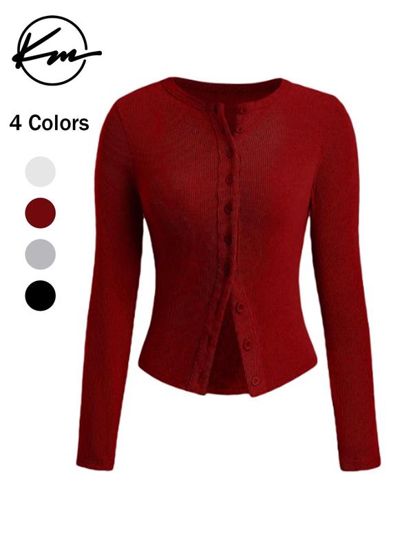 Women's Solid Button Front Ribbed Cardigan, Casual Long Sleeve Round Neck Knitwear for Fall & Winter, Fashion Ladies' Knit Clothing for Daily Wear