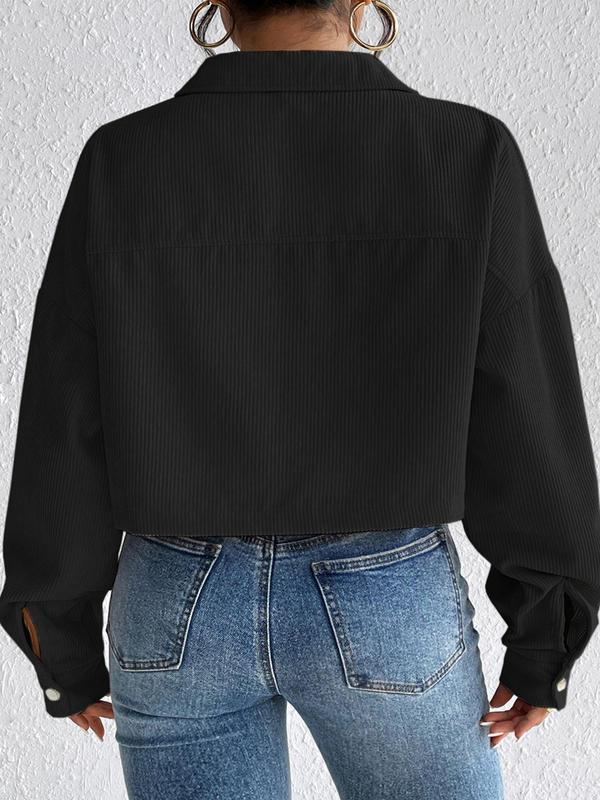 Plus Size Solid Color Button Front Fake Pocket Drop Shoulder Jacket, Casual Long Sleeve Collared Outerwear for Spring & Fall, Women's Clothes for Daily Wear