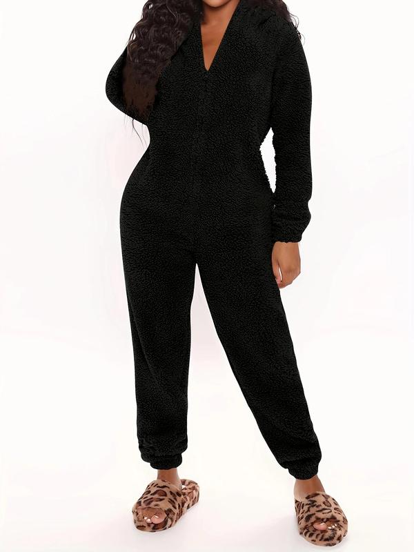 Women's Solid Zip Up Hooded Plush Jumpsuit, Casual Long Sleeve Fuzzy Jumpsuit for Fall & Winter, Women's Sleepwear for Indoor Wear, Fall Clothing