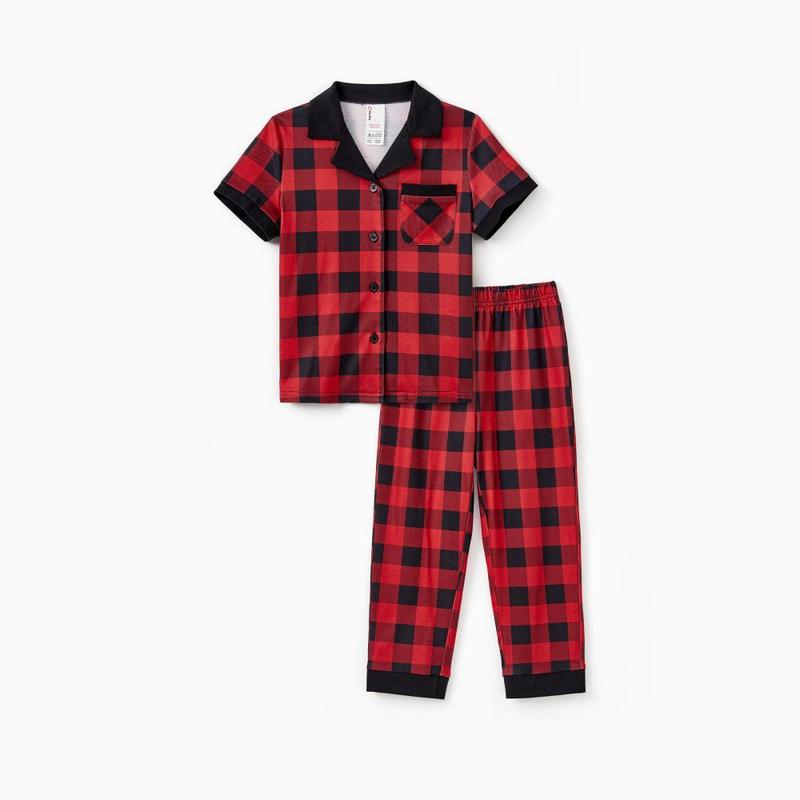 PatPat Christmas Pajamas Short Sleeves Red & Black Plaid Collared Pajamas Sets