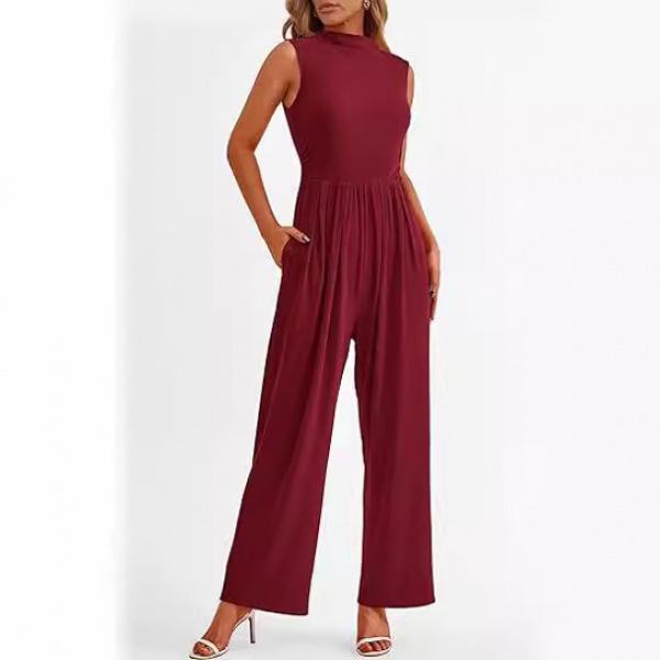 Women's Elegant Summer Jumpsuit Formal Casual One-Piece Sleeveless Ladies Wide Leg One-Piece Pant Belt Pockets