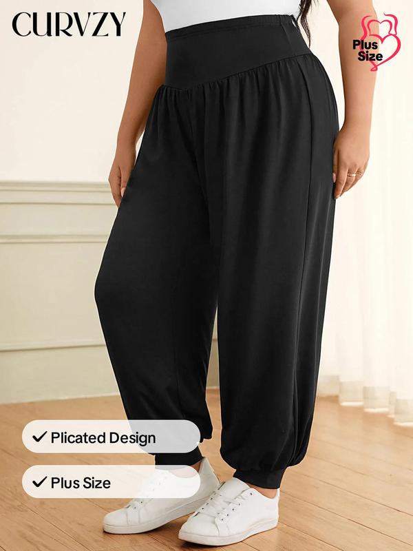 CURVZY Plus Size Solid Plicated Jogger Pants, Casual Comfy Trousers for Women, Women's Bottoms for Spring & Fall