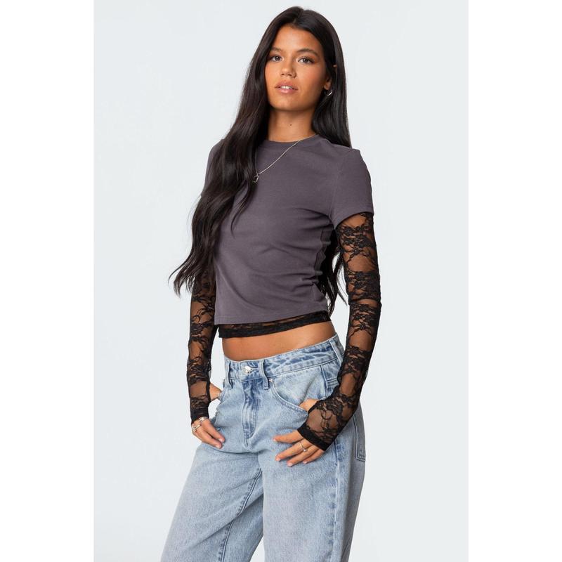 Layered Lace Sleeve T Shirt