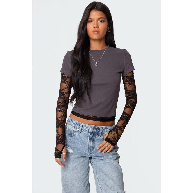 Layered Lace Sleeve T Shirt