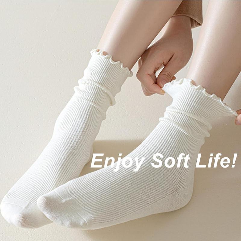 Ruffle Socks, Womens White Ankle Crew Cute Frilly Socks for Women Girls Turn-Cuff Lettuce Socks Size 5 7-9