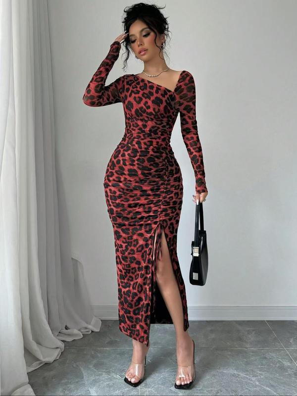 Women's Leopard Print Ruched Drawstring Split Thigh Bodycon Dress, Asymmetrical Neck Long Sleeve Dress for Party Club Dating Wear, Women's Clothing for Summer