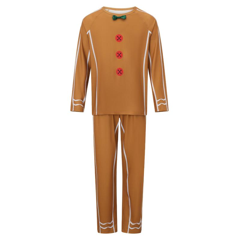 Gingerbread Man Matching Christmas Pajamas For Family, Gingerbread Man Bow Decor Print Tops and Pants Sleepwear Set