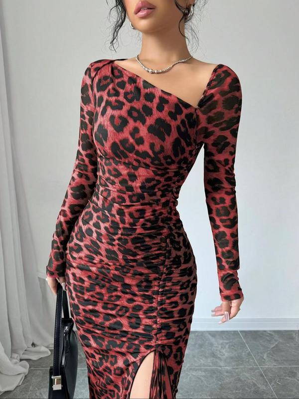 Women's Leopard Print Ruched Drawstring Split Thigh Bodycon Dress, Asymmetrical Neck Long Sleeve Dress for Party Club Dating Wear, Women's Clothing for Summer