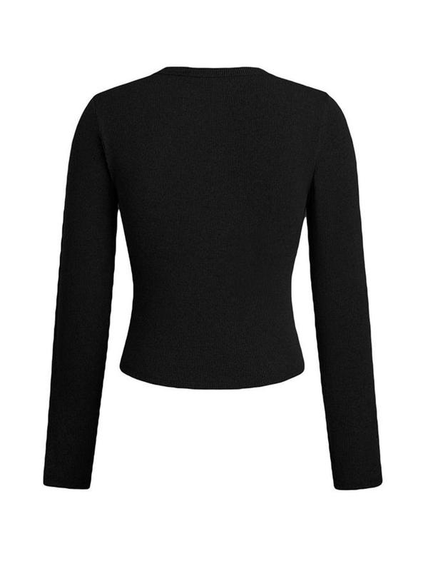 Women's Solid Button Front Ribbed Cardigan, Casual Long Sleeve Round Neck Knitwear for Fall & Winter, Fashion Ladies' Knit Clothing for Daily Wear