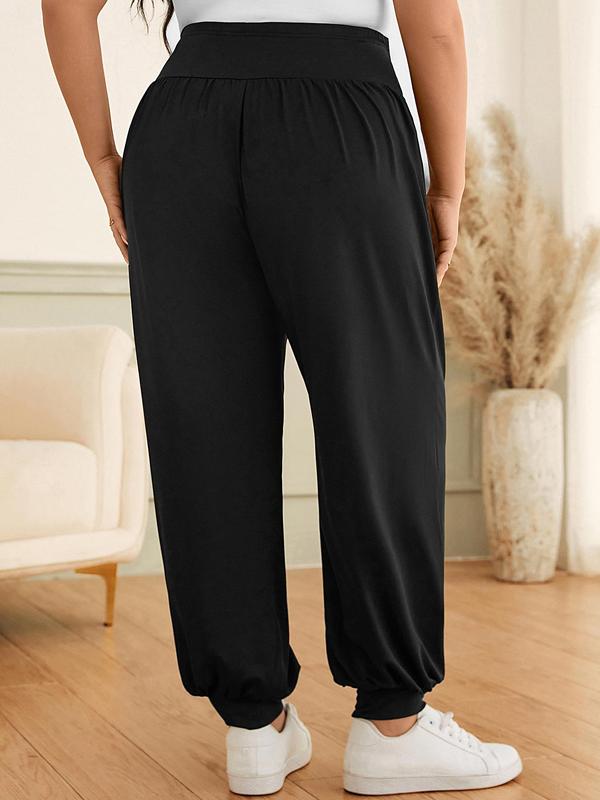 CURVZY Plus Size Solid Plicated Jogger Pants, Casual Comfy Trousers for Women, Women's Bottoms for Spring & Fall