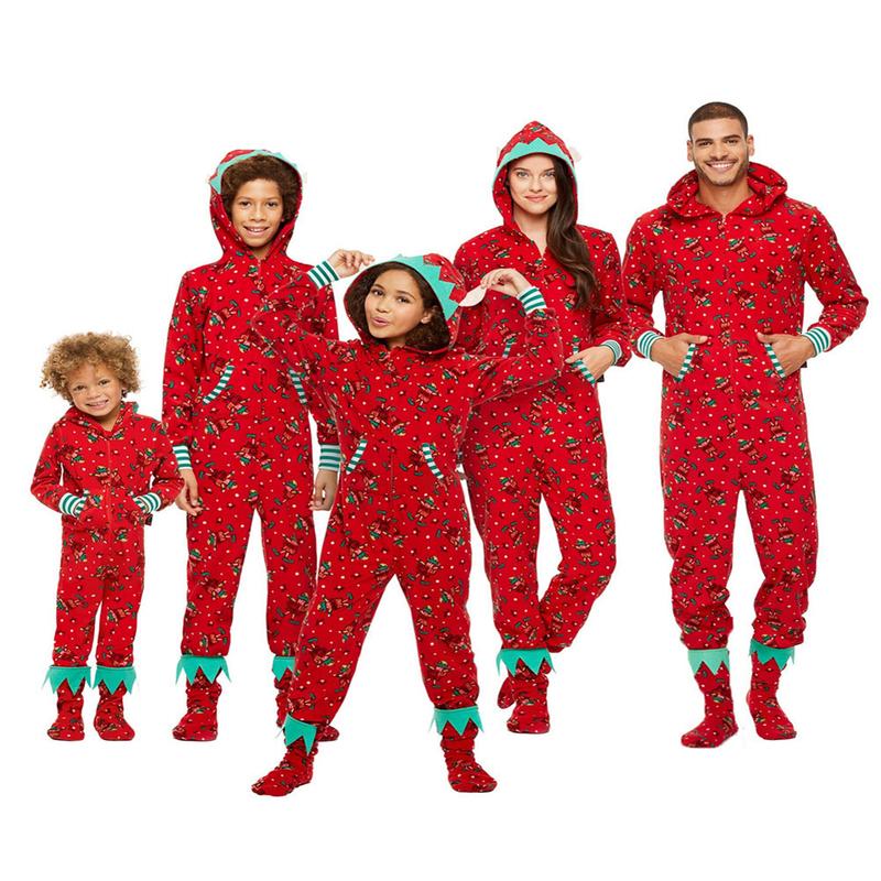 Calsunbaby Family Xmas Matching Pajamas Jumpsuit, Reindeer Printed Family Sleepwear, Christmas Front Zipper Nightwear