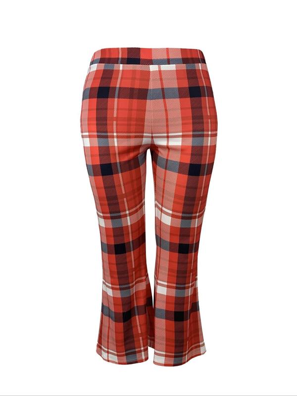 Plus Size Plaid Print Flare Leg Pants, Pants for Women, Going Out Bottoms, Elegant High Waist Trousers for Women, Women Plus Clothing for Spring & Fall, Downtown Girl Clothes