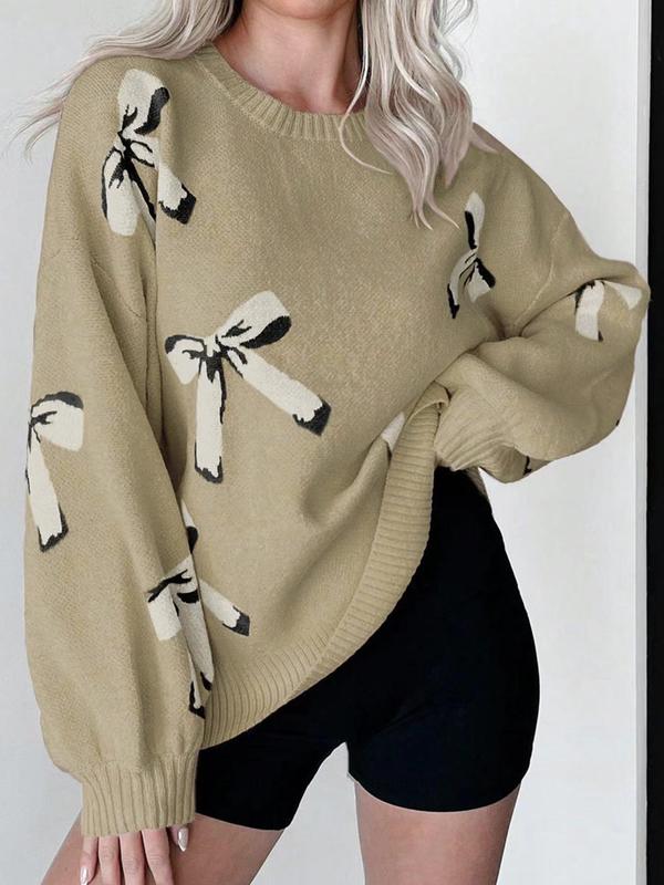 Women's Bow Print Drop Shoulder Sweater, Casual Long Sleeve Round Neck Jumper for Fall & Winter, Cute Sweaters, Fashion Ladies' Knitwear for Daily Wear