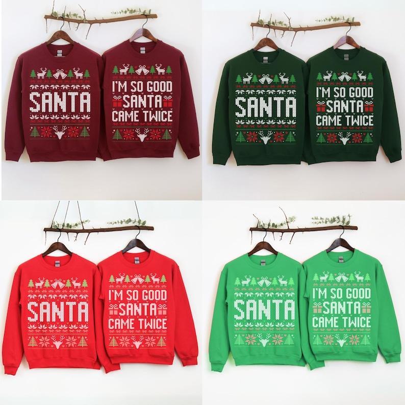 The Original Unisex Funny Couples Matching Ugly Christmas Sweater, Santa Twice, Christmas Pajamas, Sold Seperate